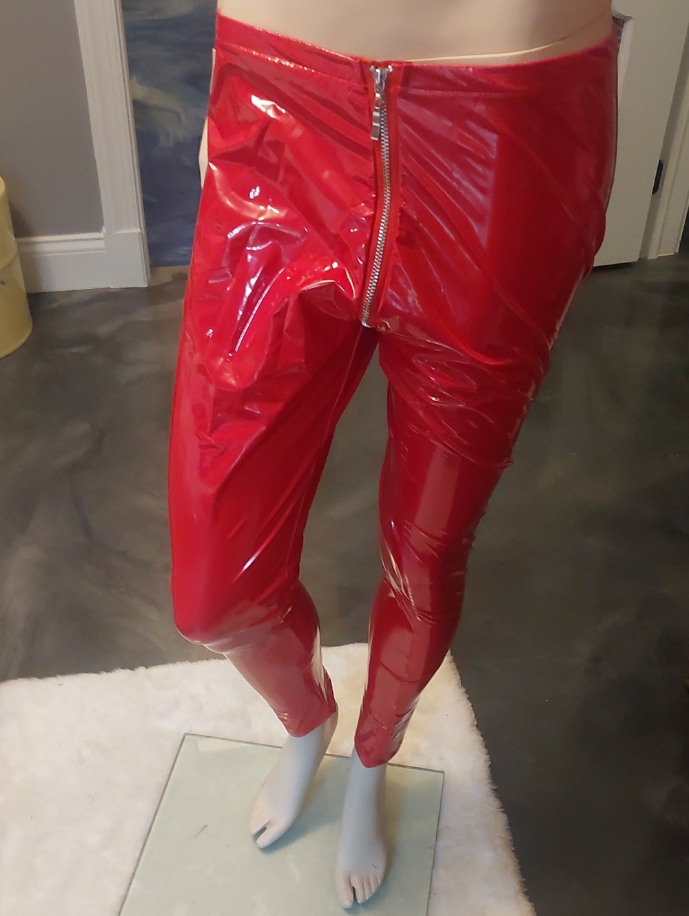Red High-Shine Vinyl Skinny Pants with Front To Back Zipper